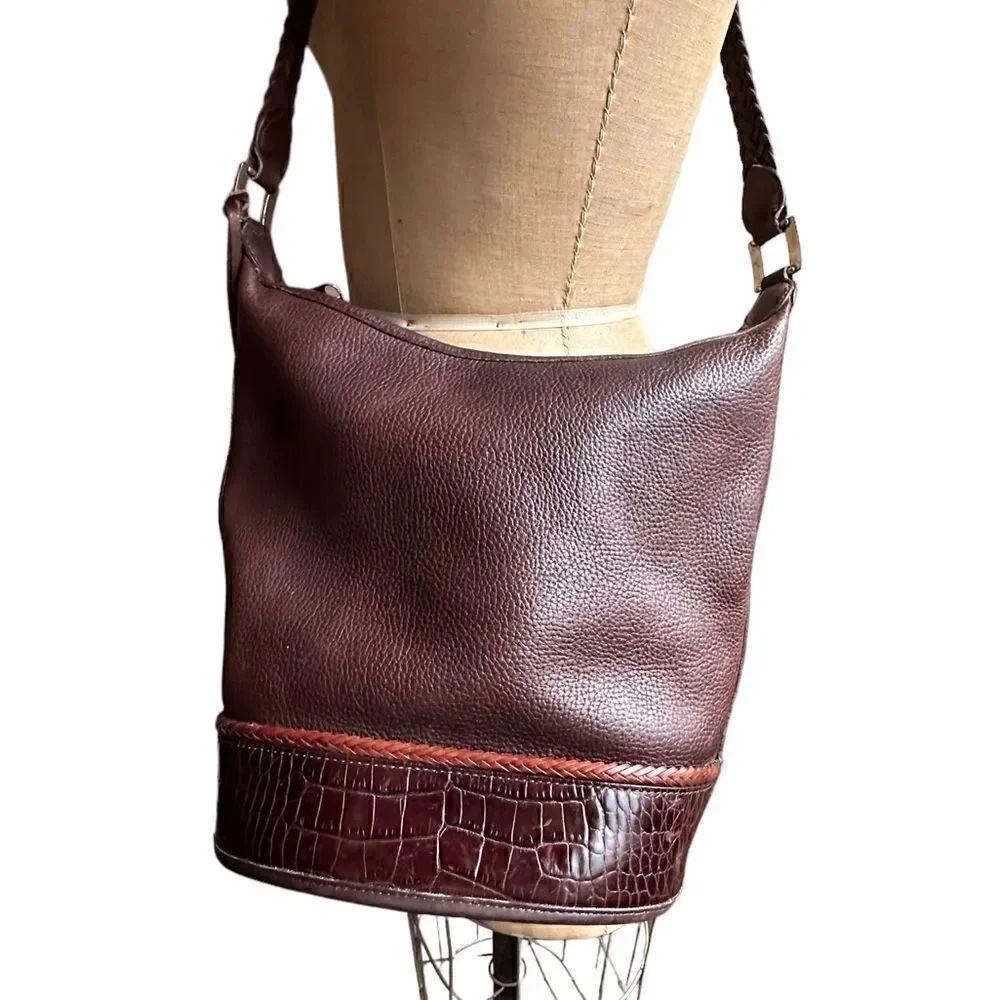 Vtg Brighton Brown Leather Bucket Bag, Large Pebbled Croc print shoulder bag
